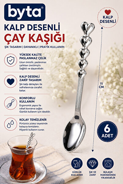 BYTA Set of 6 11 cm Heart Patterned Stainless Steel Teaspoon Coffee and Desse...