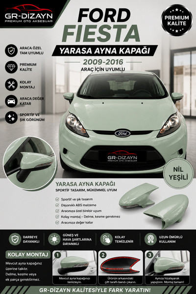 GR-Dizayn FORD FİESTA 2008-2017 ARACA ÖZEL BOYALI YARASA AYNA KAPAĞI (NİL YEŞ...
