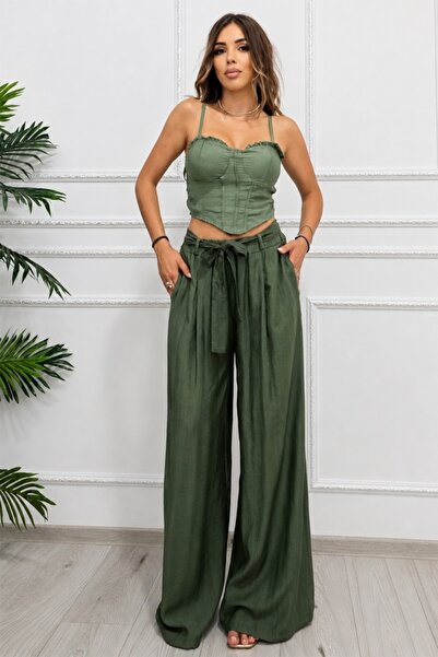 FashionForYou Pantaloni palazzo Nayana, cu bandă elastică și șnur, Verde înch...