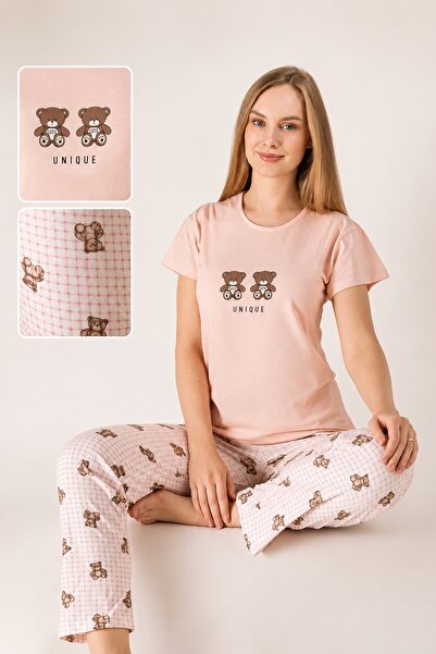 CottonVia Women's Pajama Set, 100% Cotton, Short Sleeve, Crew Neck, Unique Te...