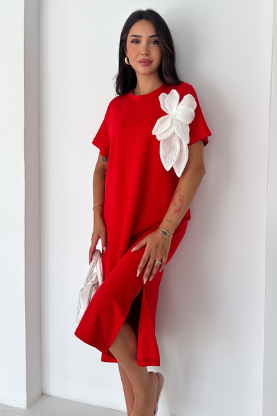 Noa&Noa 3D Floral Appliqué Midi Dress with Slit Detail