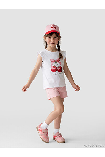 LC Waikiki White Crew Neck Printed Girls' T-Shirt and Shorts