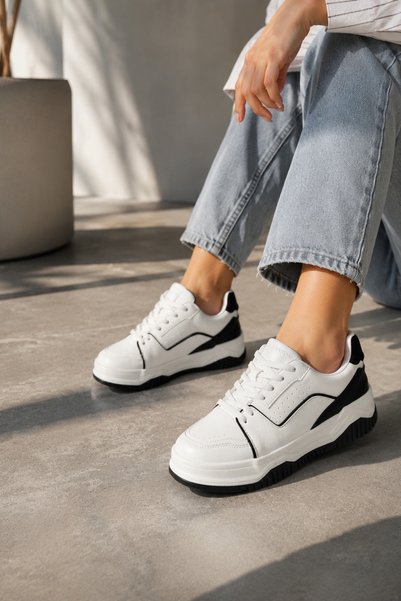 Encool Pantofi casual albi pentru femei – Pantofi moderni casual cu detaliu cu linii negre