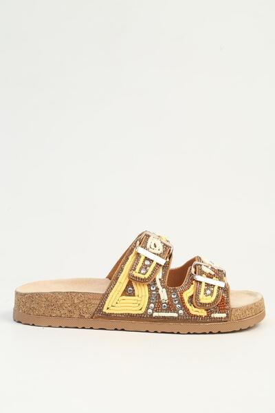 Pierre Cardin Women's Yellow Bead Embroidered Double Buckle Cork Sole Slippers