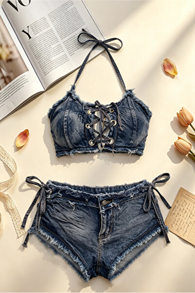 Shengzhou Jinshen Tie Denim Two Piece Lingerie Set, Halter Lace Up Crop Top +...