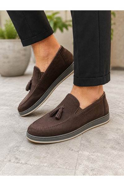 ZueOfficial Erkek Hakiki Deri Kahverengi Püsküllü Loafer Günlük Casual Ortope...