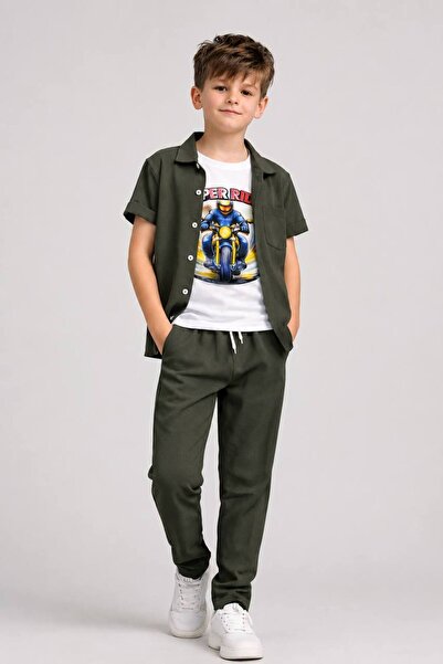 KADİR BABA Boys' Printed T-Shirt, Shirt, Pants 3-Piece Set, Ages 6-16