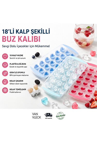VAN VLECK 18'li Kalp Şekilli Silikon Buz Kalıbı – Kalpli Buz Küpü Yapma Kalıb...