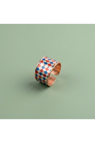 Erol Bakır Copper Blue Red Checkered Pattern Wide Form Adjustable Ring