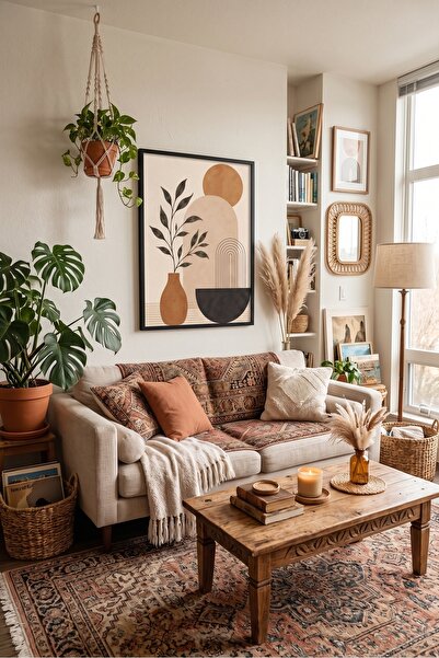 LunaRe Home Art&Design Modern Minimal Soyut Bohem Ahşap Çerçeveli Tablo Çerçe...
