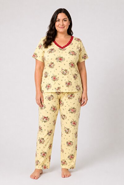CottonVia Mother's Pajama Set, V-Neck, Red Lace, Printed, Short Sleeve, 100% ...