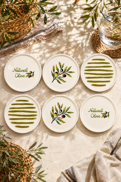 Papart Oliva Set of 6 Ceramic Dessert Plates 16 cm – Olive Patterned Cake and...