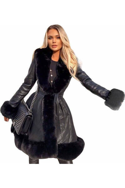 Woman's Fashion Γυναικείο μαύρο παλτό με λεπτομέρειες από γούνα J-103