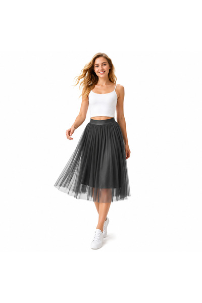 MODA Haki Lastikli Bel Astarlı Tül Midi Etek Günlük Şık Kombin