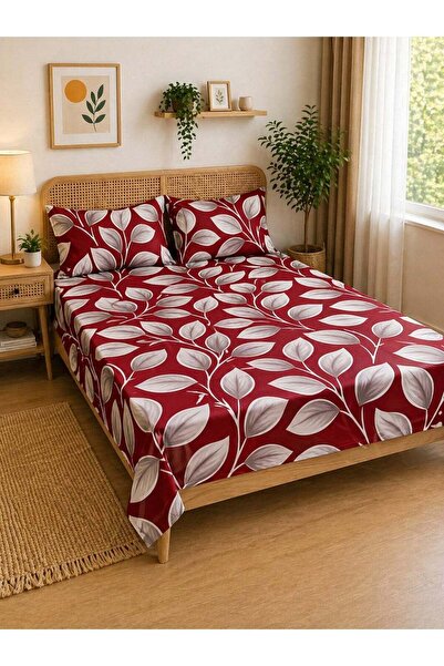 ZeeSquare 3-Piece Flat Bedsheet Set, Festive Red Honeycomb Leaf Design, 100% ...