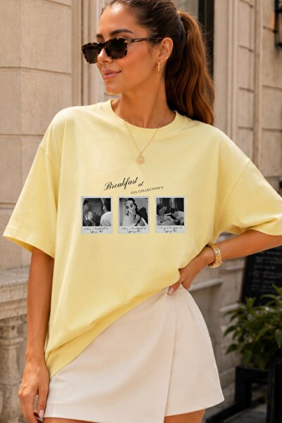 GIA - ART Women's Oversize T-Shirt Breakfast Memories Printed Yellow – Crew N...