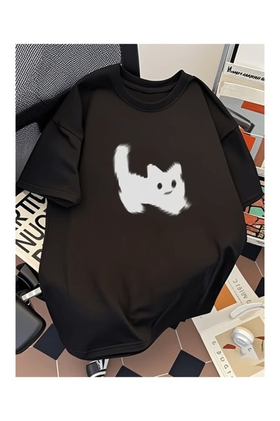 ZİYMO Unisex Scared Cat Printed Oversize T-Shirt Black