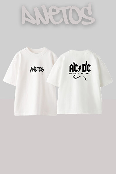Anetos ACDC Highway to Hell Σχέδιο με στάμπα Unisex Oversize Λευκό T-shirt