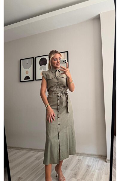 İNVİSUS Slim Fit - Boydon Buttoned Zero Sleeve Long Linen Dress with Belt
