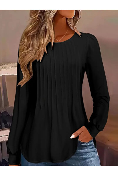 Efnaz style Women's Long Sleeve Round Neck Ribbed Blouse