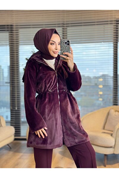 ALANURMODA 15236 Angora Elastic Waist Hooded Zipper Coat Plum