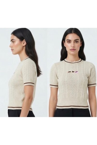 Pollena Women's Knitwear Short-Sleeved Knitted Cat Embroidery Hn1472