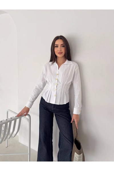 Jöns Butik Women's Blue Waist-Slit Shirt – Stylish Shirt with Gold Buttons