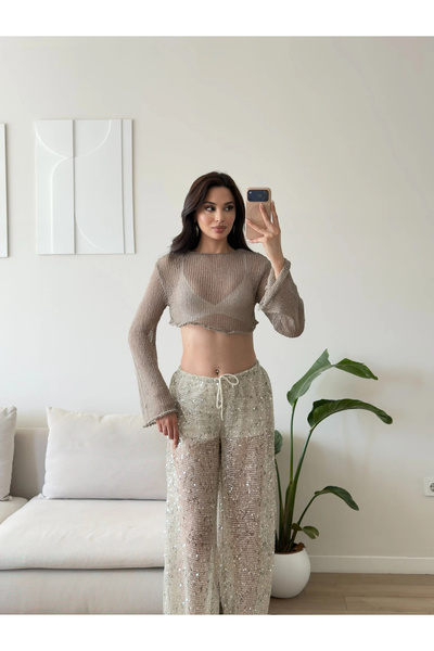 Zoom Butik Taş İşlemeli Transparan Pantolon - BEJ