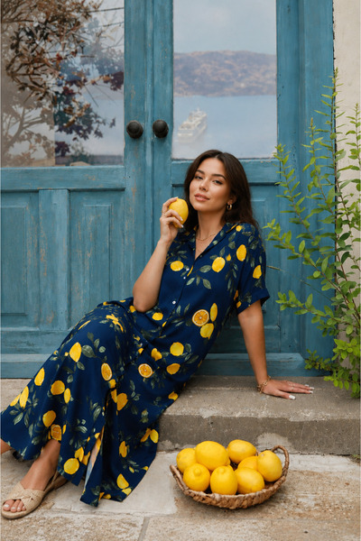 Ranasubaşı Limonlu Yarım Kol Viskon Elbise