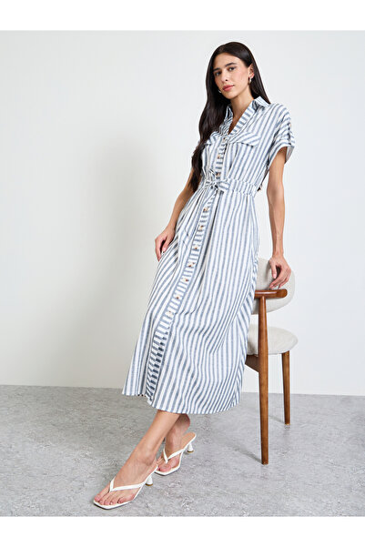 Styli Blue Striped Shirt Midi Dress with Tie-Waist