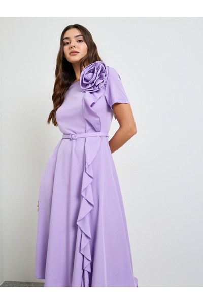 Take Two By Styli Purple Corsage Detail Ruffle Midi Dress