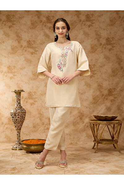 Silver Lime By Styli Round Neck Brocade Co-ord Set with Embroidered Neckline