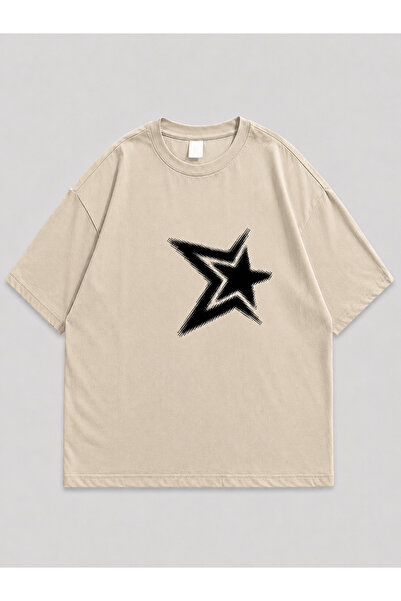 ZİYMO Unisex Y2K Star Printed Oversized T-Shirt Beige