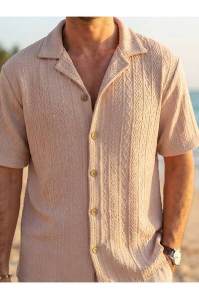 CAST COLLECTİON Men's Beige Stefan Knitwear Look Short Sleeve Summer Shirt