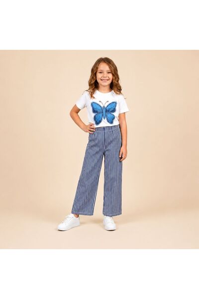 CiciTime Çocuk Modası Girl's Butterfly Printed Striped Pants Summer Top and B...