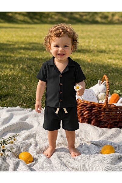 OMY Cotton Waffle Fabric Shirt with Buttons, Summer Shorts Set, Ages 1-5