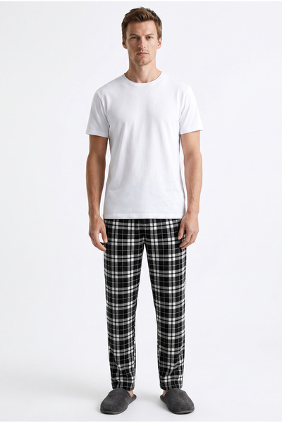 Sementa Plaid Patterned Cotton Pajama Bottoms with Pockets - Black