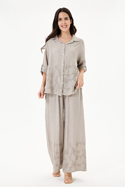 della moor Women's Mink Italian 100% Linen Floral Embroidered Trousers - Line...