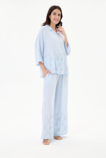 della moor Women's Light Blue Italian 100% Linen Floral Embroidered Trousers ...