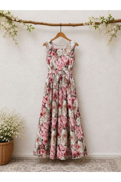 KÜÇÜĞÜM BUTİK Cotton Pink Big Floral Sleeveless Satin Dress