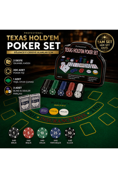 İki Yedi Konsept Profesyonel Texas Holdem Poker Set 200 Fişli 2 Deste İskambi...