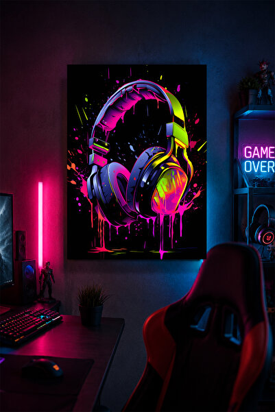 Lucena Căști de gaming cu neon, pictură murală metalică, decor pentru camera ...