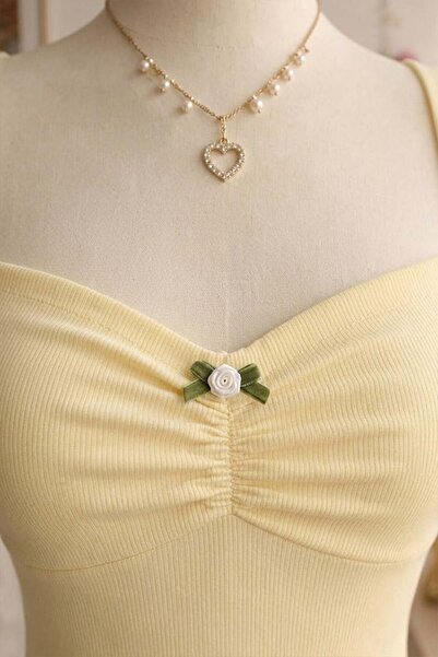 Köstebek Yellow Coquette Bow Rose Detailed Y2K Short Sleeve Crop
