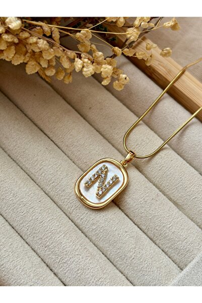 Tiştok accessory KADIN GOLD RERK ZİRKON TAŞLI SEDEFLİ HARF KOLYE ÇELİK ZİNCİR...
