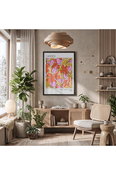 KOLAJTASARIM Artă abstractă florală vibrantă, tablou înrămat pe lemn negru, b...