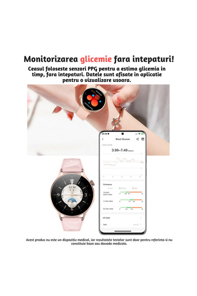 Lommad Ceas Smartwatch Lommad® dama, femei, AMOLED 1.32", EKG, Glicemie, Puls, Oxigen sange, Apel Bluetooth, Somn, 100+ Moduri Sport, IP68 + CADOU curea