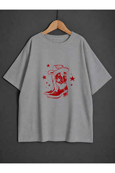ZİYMO Women's Y2K Cowboy Boots Printed Oversized T-Shirt