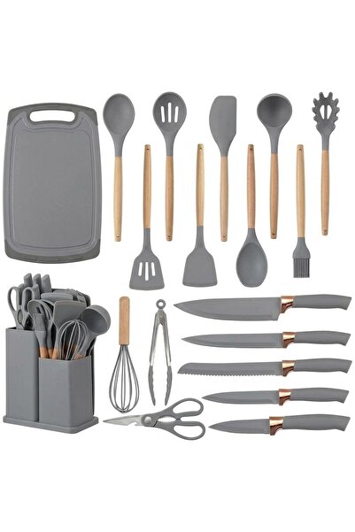 YBOSHOP Set ustensile bucatarie 19 piese, lemn si silicon alimentar, gri, cu ...
