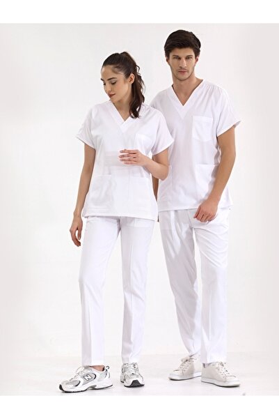 ÇİZGİ MEDİKAL Beyaz Dr. Greys Doktor-Hemşire Medika Scrubs Takım Lüks Likralı...