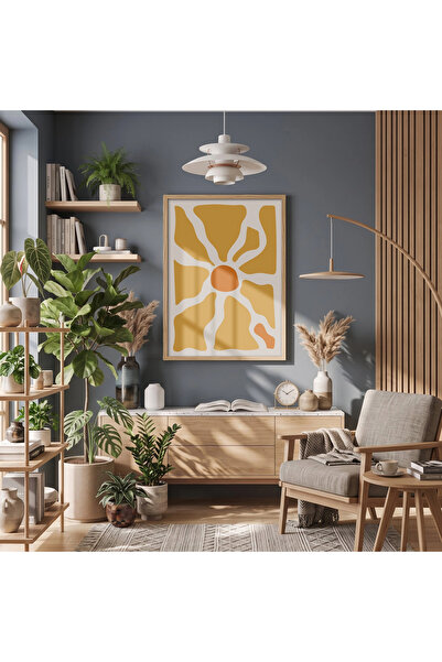 KOLAJTASARIM Tablou cu rama din lemn natural, cu design abstract, galben mușt...